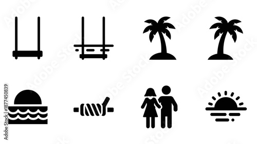 Beach icons: swing, palm trees, sunset, and couple silhouettes