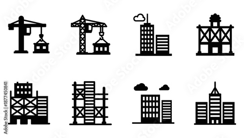 Icon set of construction and city buildings in silhouette style