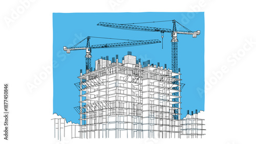 Detailed architectural blueprint of urban construction with tower cranes against blue background