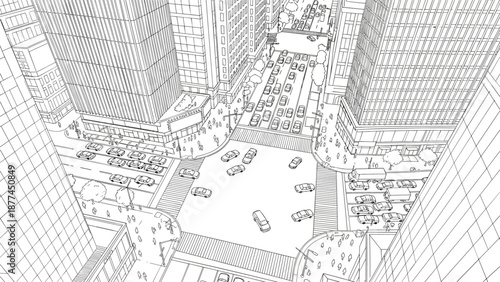 Urban cityscape with busy traffic intersection in linear style