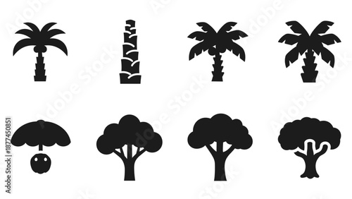 Set of tree silhouettes: palm, bamboo, coconut, and foliage in minimalist design