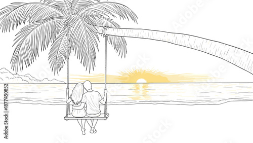 Romantic beach sunset with couple on swing in linear art style