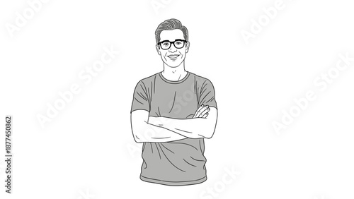 Smiling man with glasses in casual t-shirt and crossed arms sketch