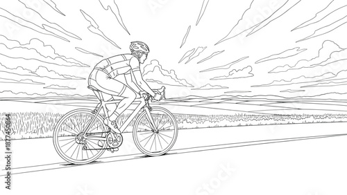 Cyclist riding on open road in linear art style with scenic sky and clouds
