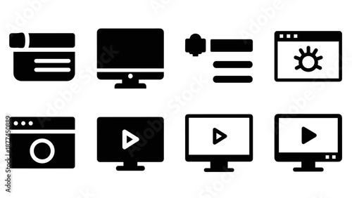Silhouette icons of technology screens and multimedia interfaces