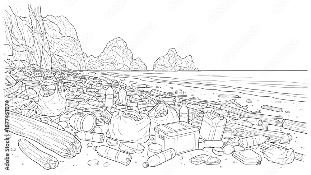 Fototapeta premium Coastal pollution: detailed linear beach cleanup scene with plastic waste