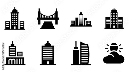 Various urban buildings and structures icons in silhouette style