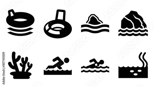 Minimalist swimming and aquatic icons set for summer and water activities