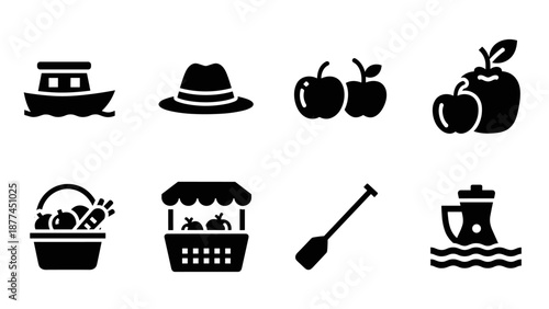 Minimalist silhouette icons of fruits, boats, and market elements