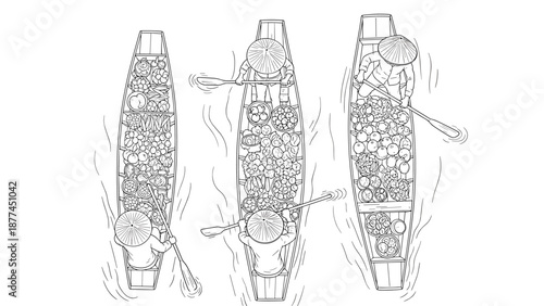 Hand-drawn boats on a floating market with fruit and vegetables from above