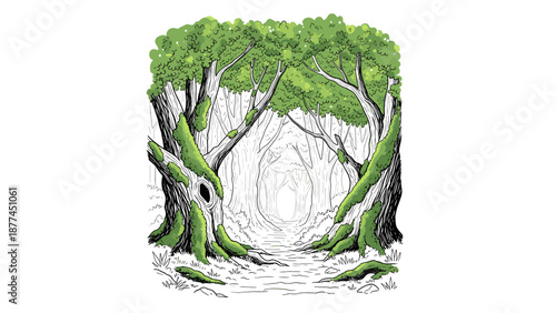 Enchanting green forest path with black and white background