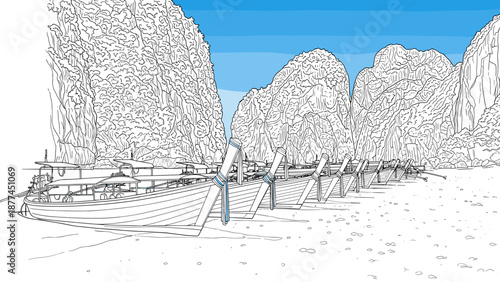 Scenic longtail boats on a tropical beach with majestic limestone cliffs