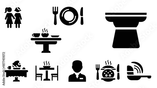 Silhouette dining icons: restaurant, table setting, and food symbols