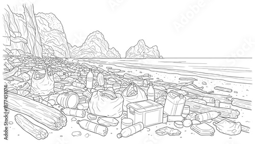 Coastal pollution: detailed linear beach cleanup scene with plastic waste