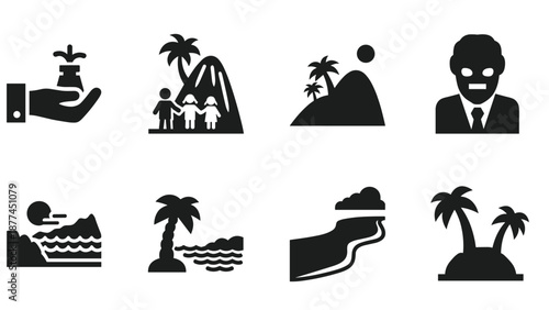 Tropical island travel icons set featuring family, landscape, and leisure themes