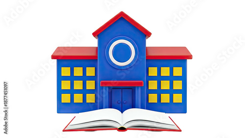 3D Render of a Blue School Building with an Open Book