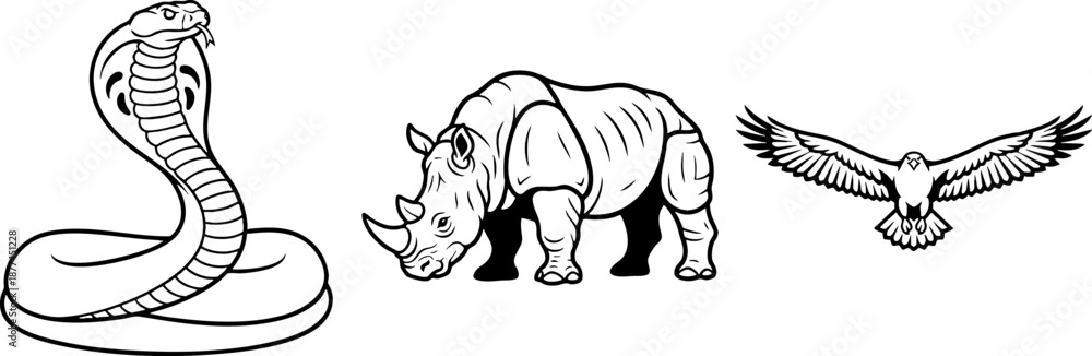 Fototapeta premium Cobra Rhino and Eagle Black and White Illustration Set