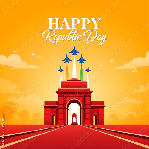 Vibrant India Gate on Republic Day with jets flying overhead