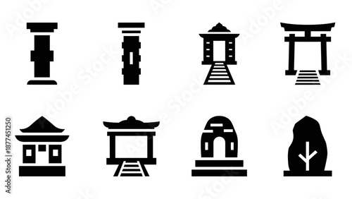 Minimalist silhouettes of traditional gates and shrines