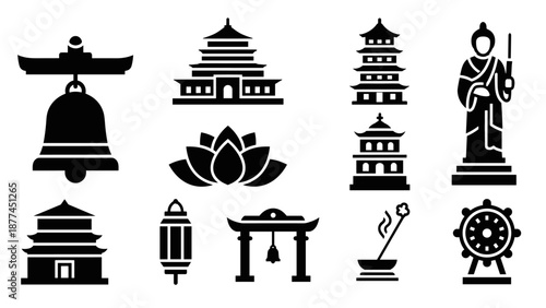 Traditional asian icons: pagoda, lotus, bell, lantern, temple, and statue silhouettes