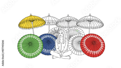 Colorful umbrellas and relaxed sitting figure in line art style