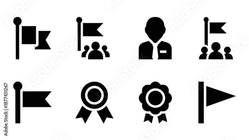 Set of business icons: flags, awards, and people in simple silhouette style