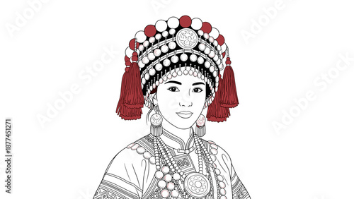 Intricate line art of woman in traditional ethnic headdress and attire