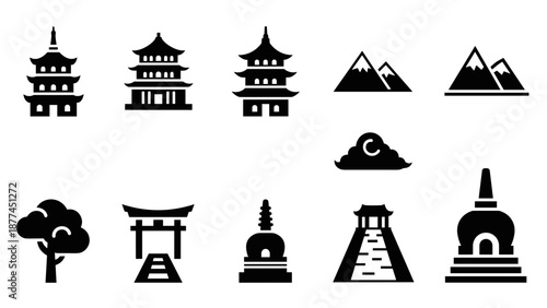 Traditional japanese icons set featuring temples, mountains, and cultural symbols in silhouette style
