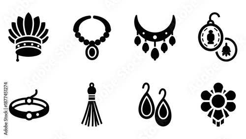 Elegant jewelry icons set: modern black silhouettes of necklaces, earrings, and accessories