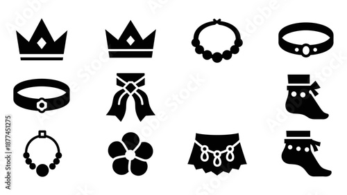 Collection of tribal jewelry silhouettes: crowns, necklaces, bracelets, and anklets