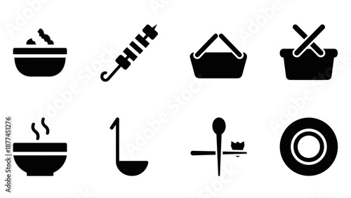 Silhouette icons of cooking utensils and food dishes