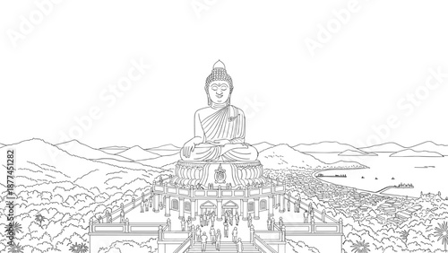 Large buddha statue in scenic landscape line art with mountain and sea view