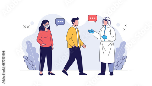 Medical professional wearing a white protective hazmat suit and mask talking to a group of people in a simple outdoors background setting.