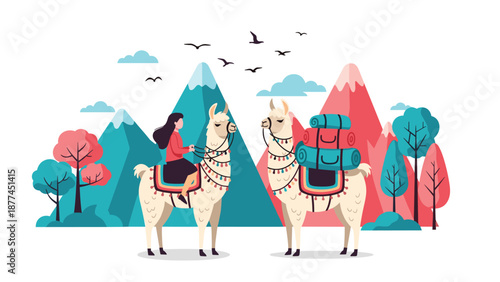 Young woman rides a decorated llama through a picturesque mountain landscape accompanied by another llama carrying camping gear.