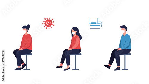 Three people wearing face masks and sitting on separate chairs to maintain social distancing during a health pandemic or virus outbreak situation.