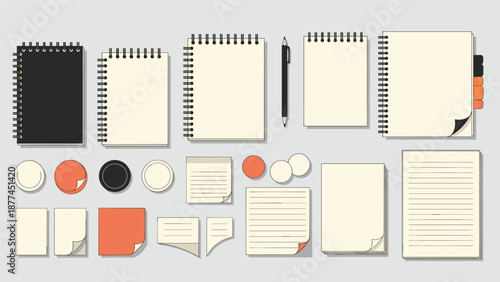 Extensive collection of stationery items including notebooks, sticky notes, paper clips, and pens in a coordinated black and orange color palette.