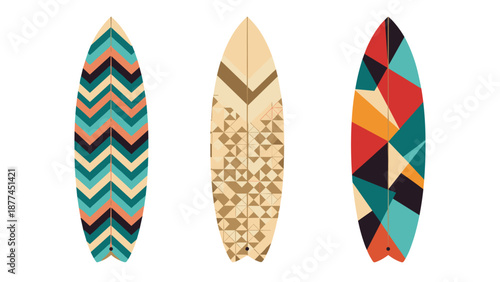 Three stylized surfboards showcasing colorful patterns such as chevrons, mosaic triangles, and large geometric blocks for a vibrant beach aesthetic.