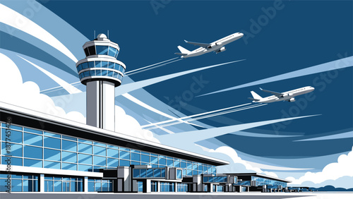 Modern airport terminal with a control tower and two large commercial airplanes taking off into a blue sky with white vapor trails.