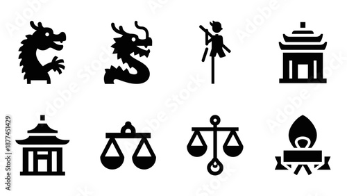 Cultural symbol set: dragons, scales, temples, martial arts, and awards in silhouette design