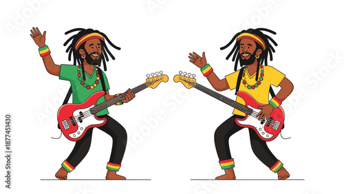 Two cheerful reggae musicians with long dreadlocks and traditional hats playing electric bass guitars and waving in a colorful music theme.