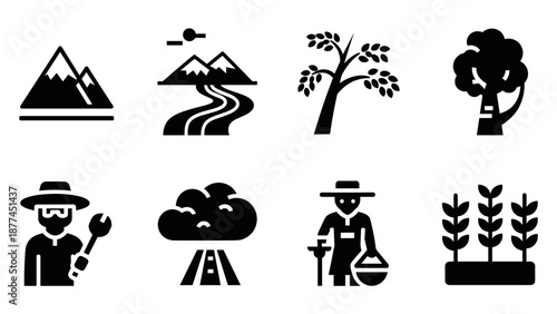 Minimalist farming and nature icons with agricultural themes