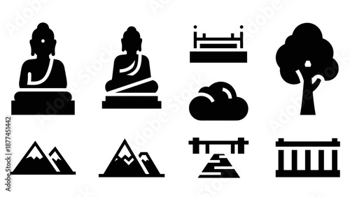 Silhouette icon set of buddha, nature, and monumental symbols