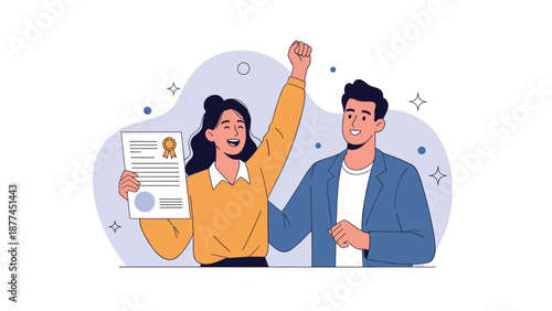 Happy young woman raising her fist in celebration while holding a certificate next to a proud male colleague in a supportive office scene.