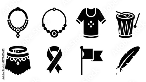 Silhouette icons of african culture: jewelry, clothing, instruments, and symbols