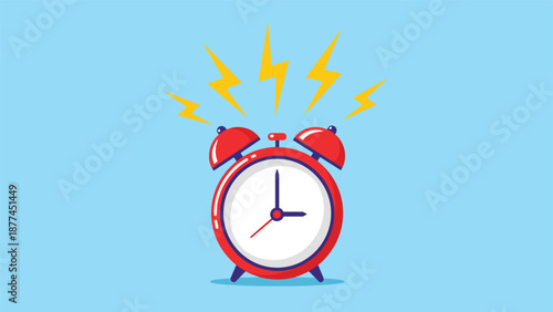 Bright red twin bell alarm clock ringing loudly with yellow lightning bolt symbols indicating a wake-up call against a blue background.