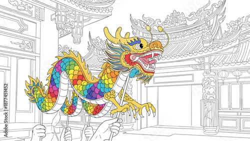 Colorful chinese dragon parade with intricate temple background