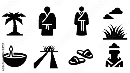 Minimalist zen icons: palm tree, robes, clouds, grass, path, sandals, monk