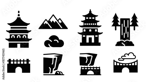 Minimalist black and white asian landmarks and nature icons
