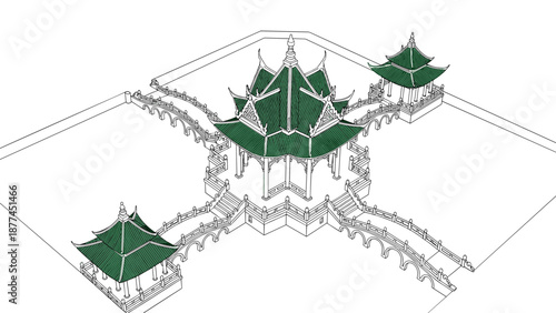 Intricate isometric asian architecture featuring elegant traditional pagodas