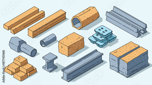 Assorted construction and building materials including wooden beams, concrete blocks, steel pipes, and metal I-beams on a light blue background.